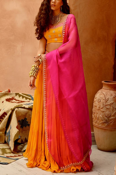 Mustard yellow tiered lehenga set