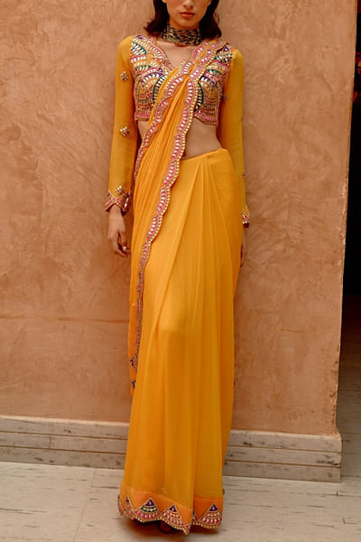 Yellow gota embroidered pre-stitched saree set