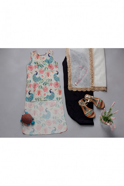 Khaki peacock and floral printed kurta set