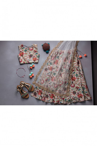 Khaki bird and floral printed lehenga set