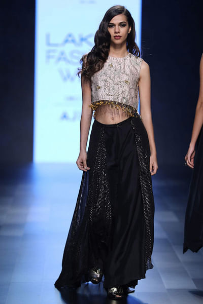Jaal embroidered crop top with black silk palazzos