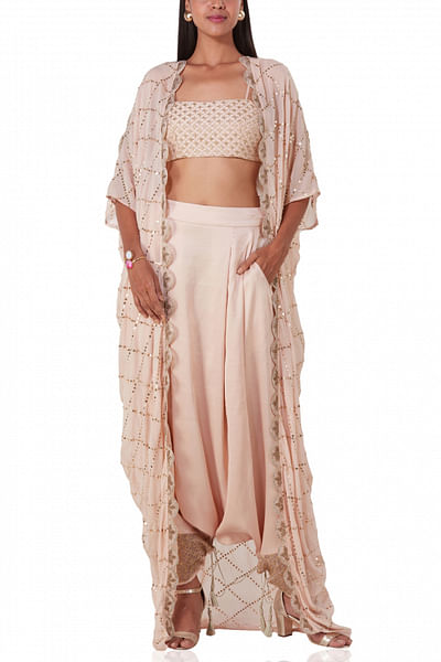 Rose Blush bustier and Mukaish cape with low-crotch pants