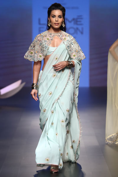 Ice blue sari with cape