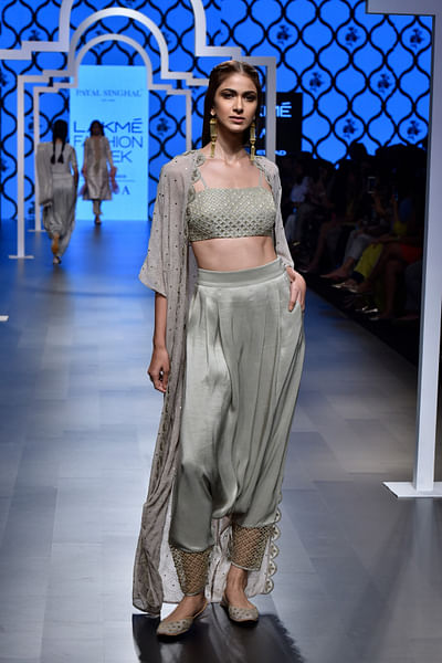 Embroidered bustier with low-crotch pants and mukaish cape
