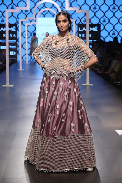 Embroidered cape with bustier and embroidered lehenga