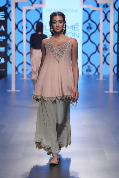 Yoke-embroidered kurta with scalloped hemline and embroidered palazzo with dupatta