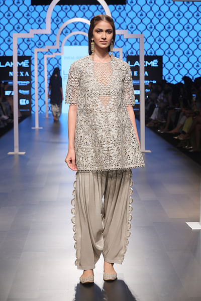 Cutwork embroidered kurta with bustier and salwar