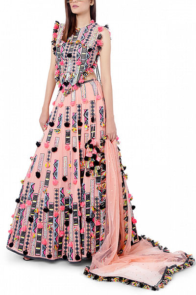 Coral embroidered lehenga set