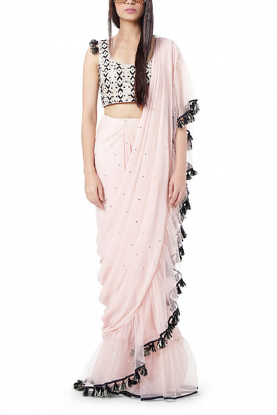 Rose pink embroidered sari set