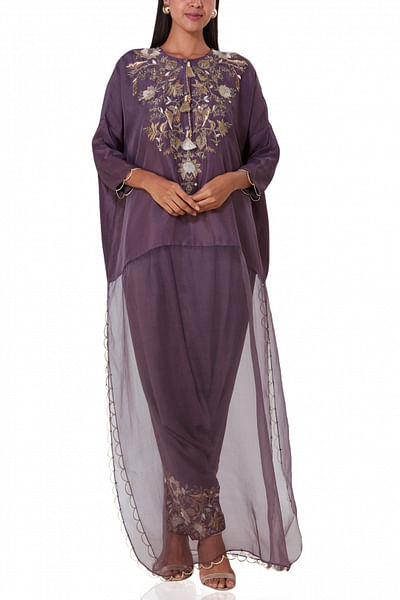 Silk kurta with embroidered low-crotch pants.