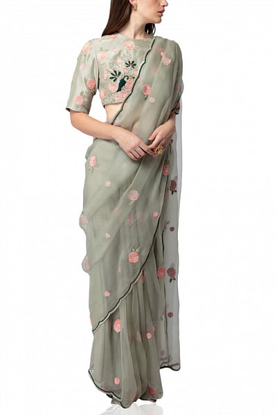 Mint bird motif sari