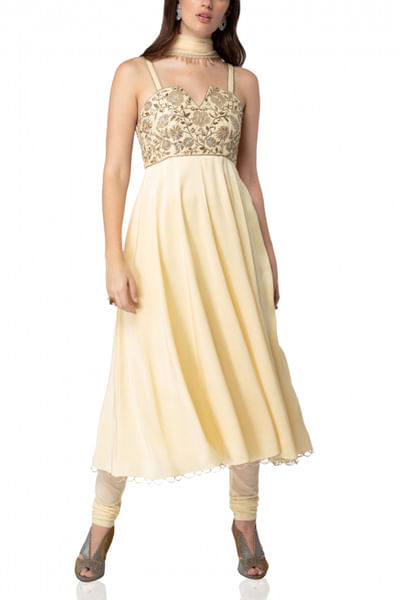 Pale yellow embroidered anarkali set