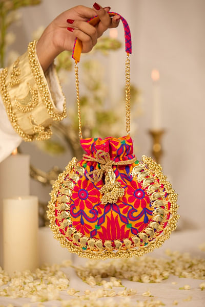 Multicolour thread-peacock ghungroo potli bag