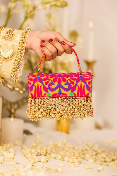 Multicolour floral and bead tasselled handbag