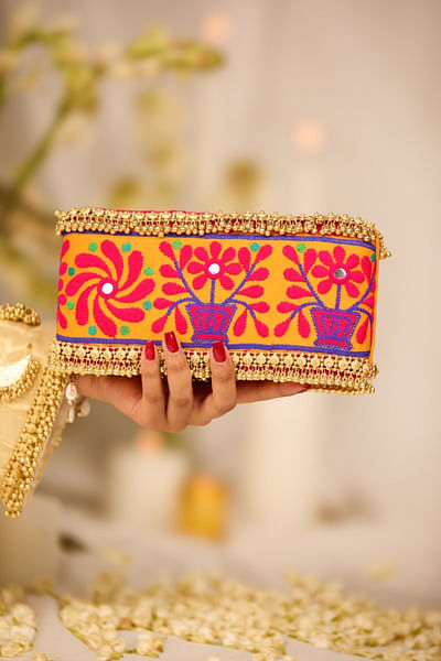 Mustard floral embroidered-ghungroo handbag