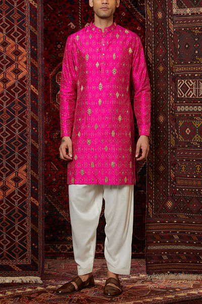 Pink ikat embroidered kurta set