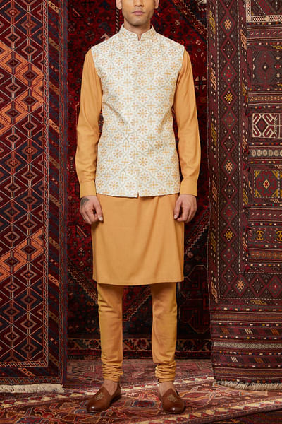 Mustard and beige Nehru jacket set