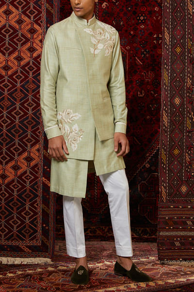 Pista green kurta set with Nehru jacket