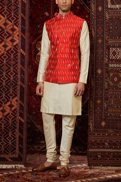 Red and beige kurta set with Nehru jacket