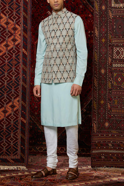 Aqua Nehru and grey jacket with kurta set