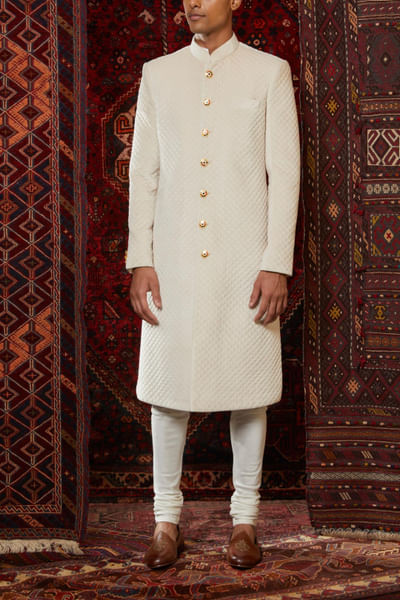 Ivory quilted sherwani with kurta set