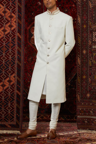 Ivory velvet sherwani and kurta set