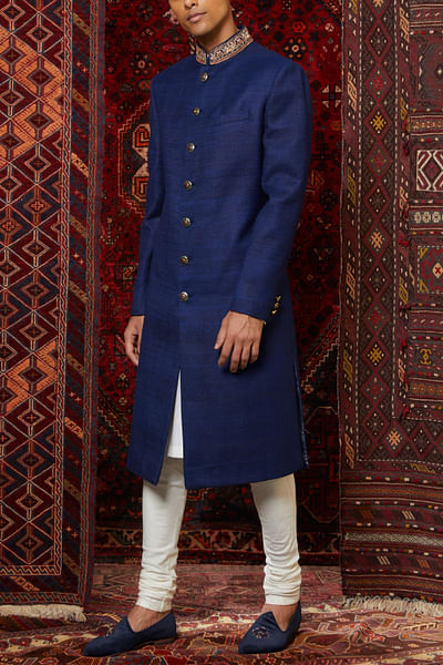 Blue embroidered sherwani with kurta set