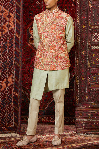 Pista green and beige Nehru jacket set