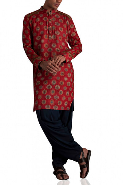 Red printed pathani ensemble