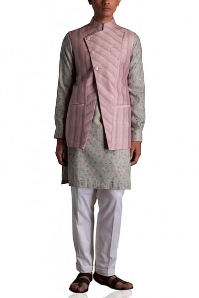 Printed Nehru jacket, kurta and trousers
