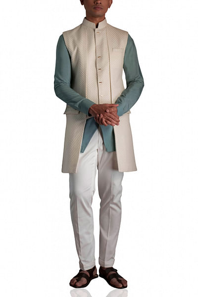 Textured Nehru jacket with kurta and trousers