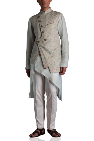 Printed Nehru jacket, kurta and trousers