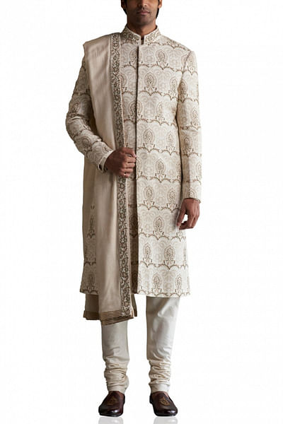 Ivory wool silk sherwani set