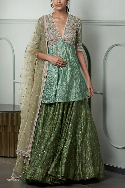 Green benarasi silk lehenga set