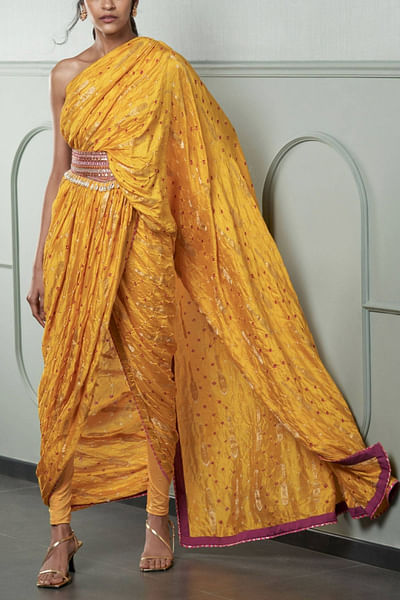 Yellow draped pant sari set