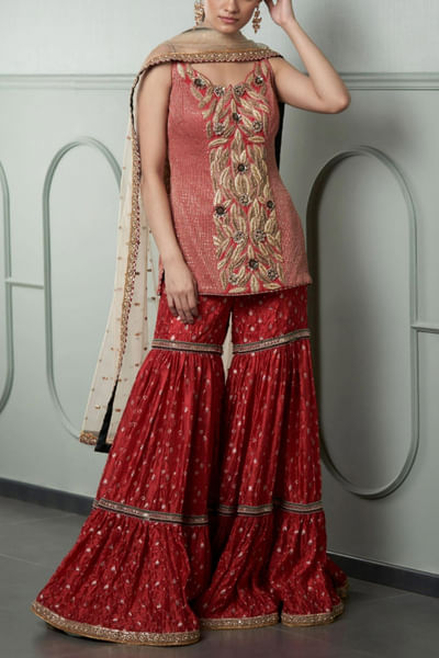 Red embroidered sharara set