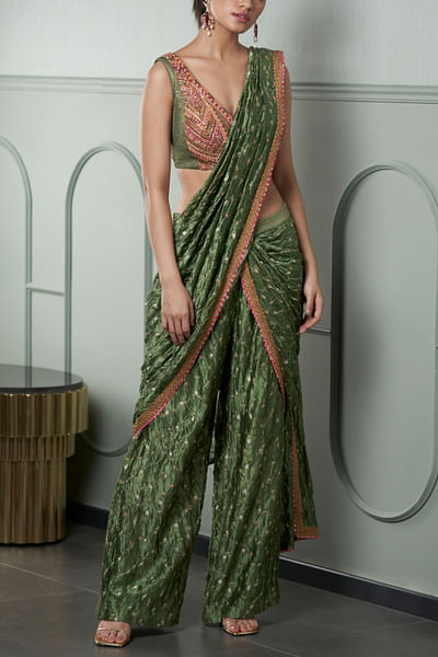 Green draped pant sari set