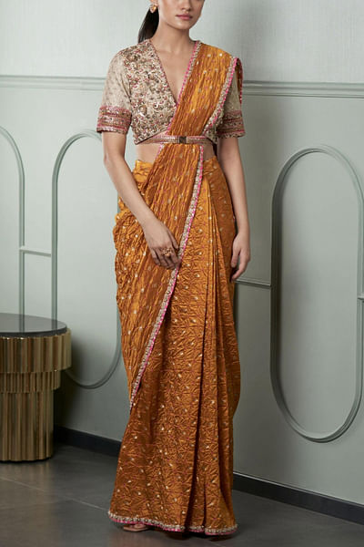 Mustard embellished sari set