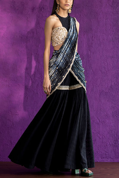 Black pre-pleated pant sari set