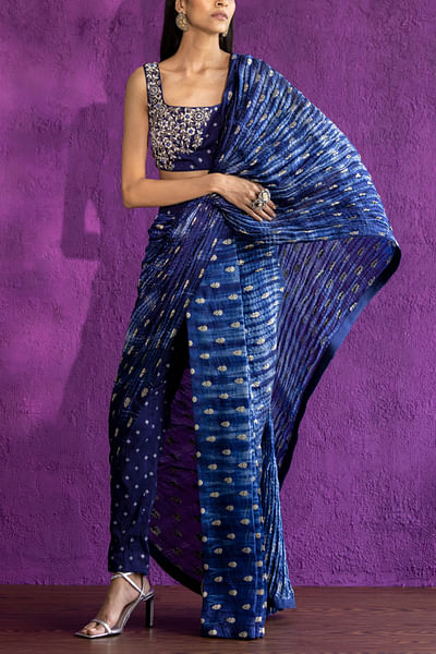 Blue draped pant sari set