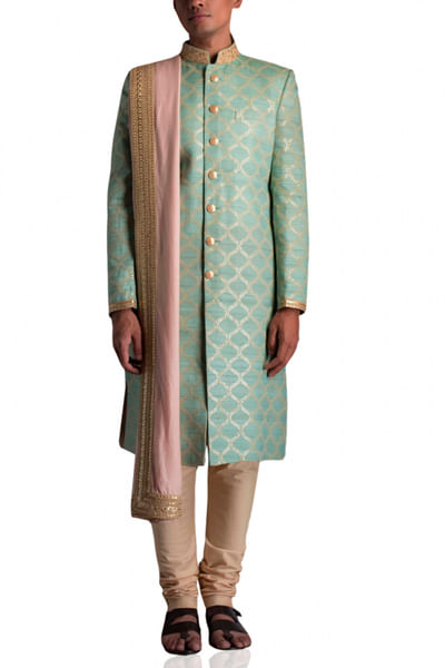 Aqua green and gold sherwani
