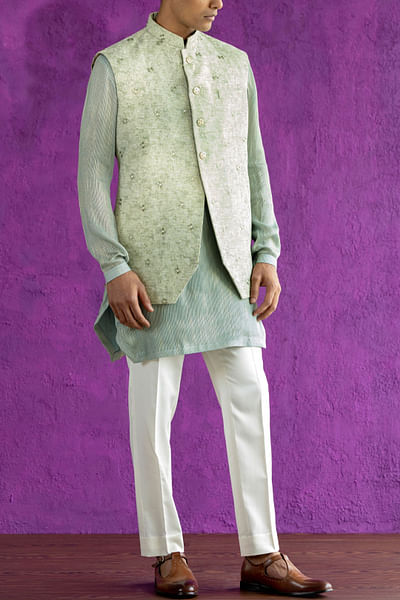 Mint jacquard Nehru jacket set