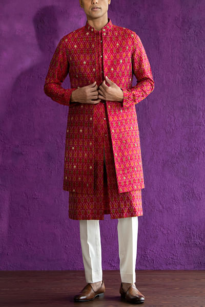 Pink ikat Nehru jacket set