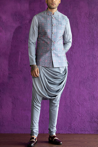 Grey ikat Nehru jacket set