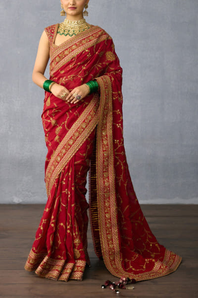 Red floral zari embroidered sari