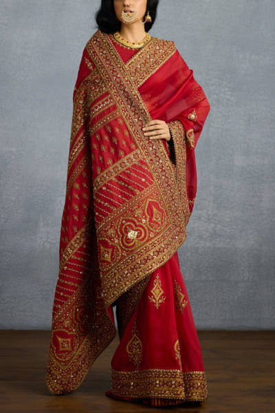 Red spade zari embroidered sari