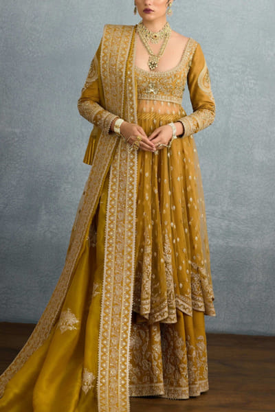 Ochre floral zari embroidery anarkali lehenga set