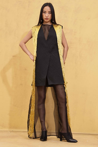 Black and gold tasselled quilted dress