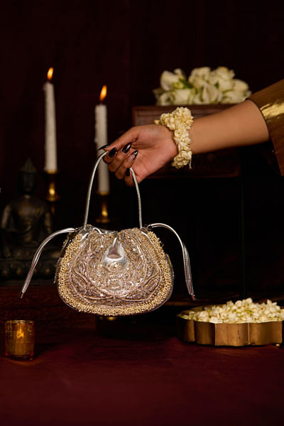 Silver floral zardozi-sequin and pearl handbag