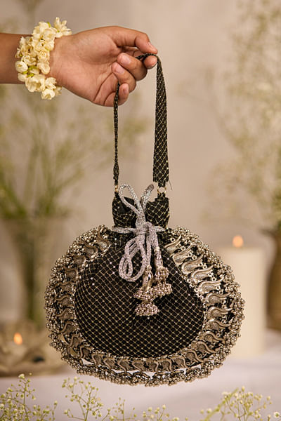 Black peacock-beaded and tasselled potli bag